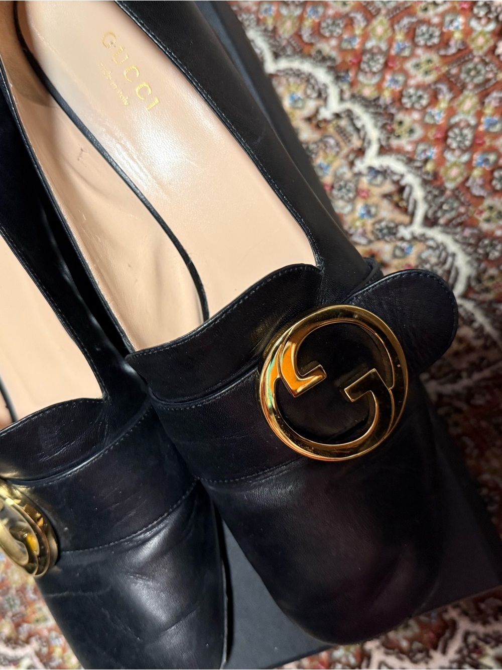Gucci Black Leather Loafers with Gold Interlocking G